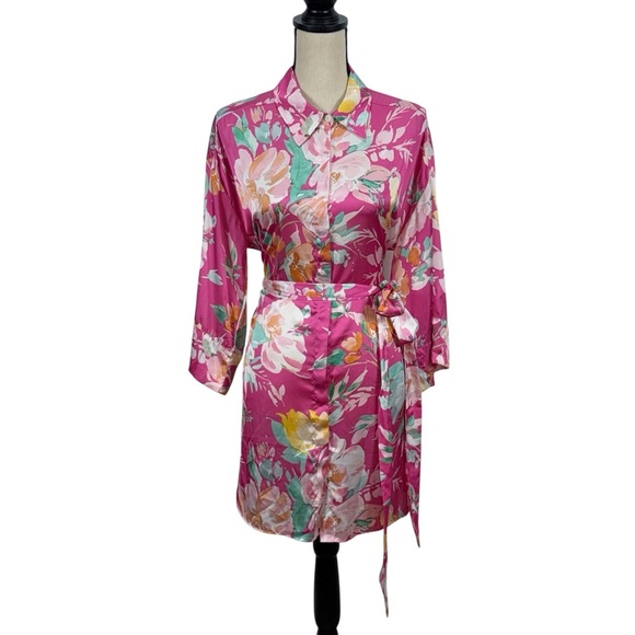 Zara Vibrant Satin Floral Women's collared button down shirt dress Large - Picture 2 of 15
